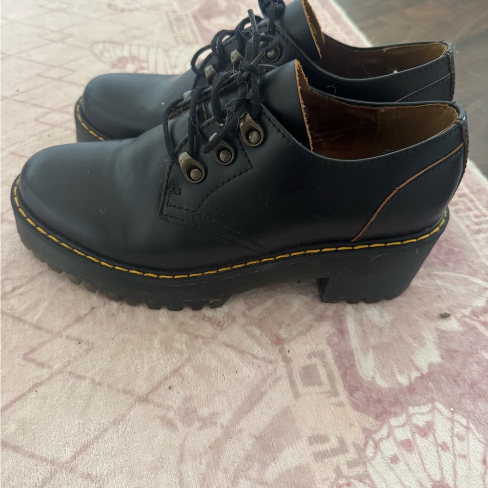 Dr. Martens Black Lace-Up Chunky Heel Shoes with Yellow Welt Stitching